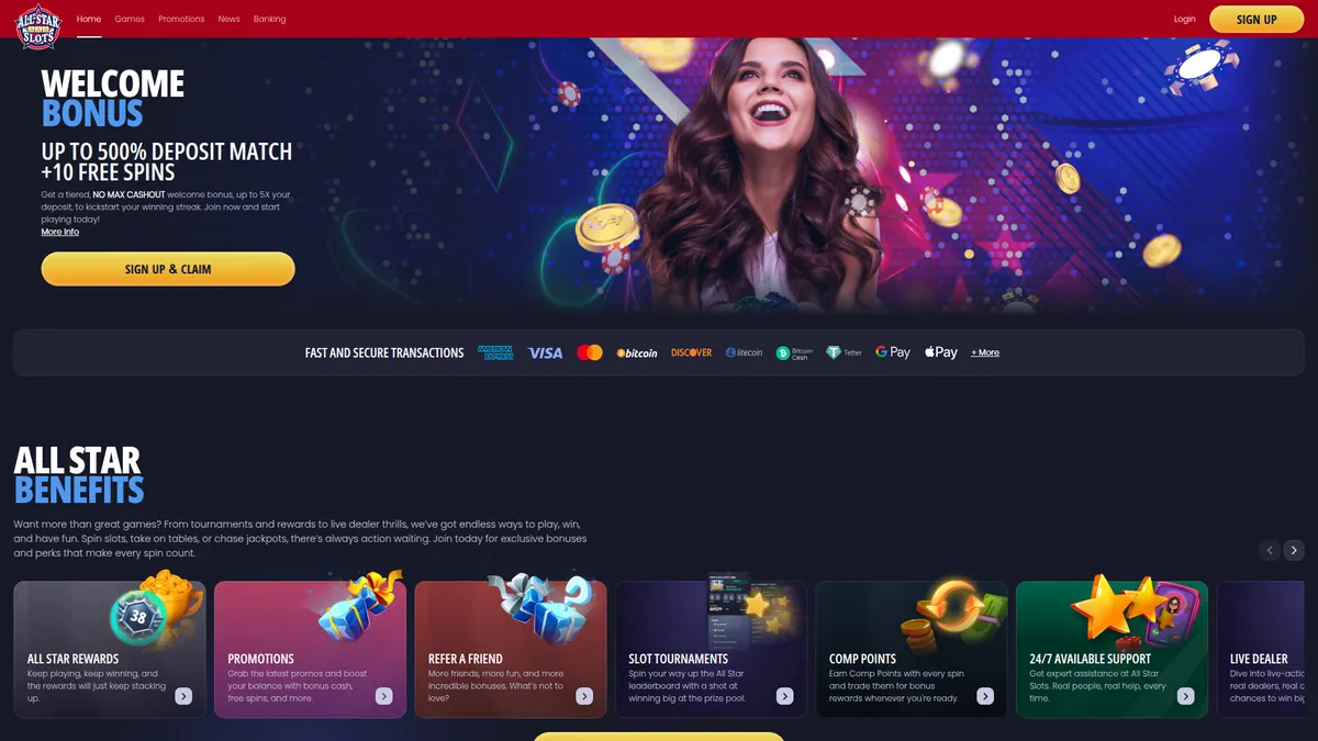 All Star Slots crypto casino platform showing Bitcoin deposit options and games