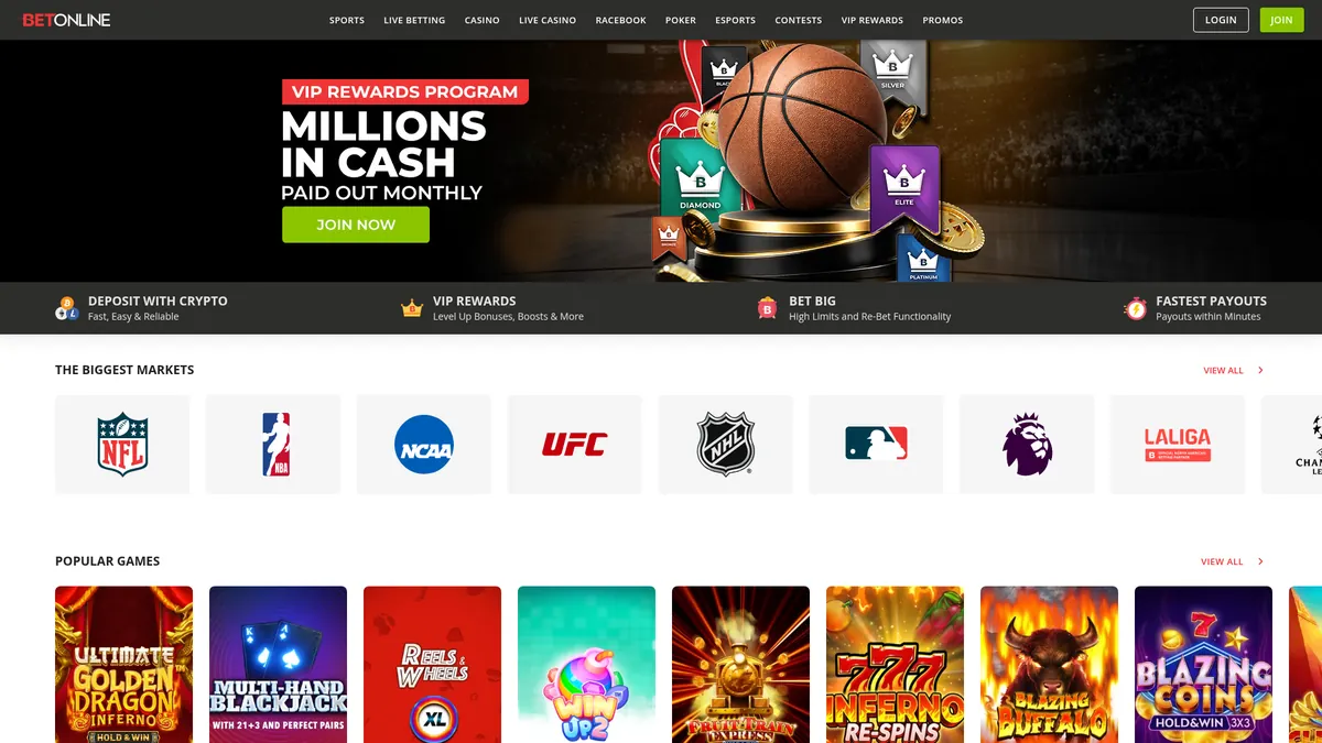 BetOnline crypto casino platform showing Bitcoin deposit options and games