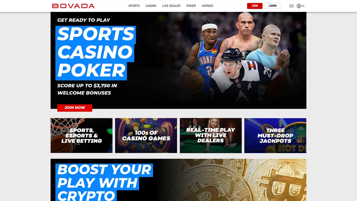 Bovada crypto casino platform showing Bitcoin deposit options and games