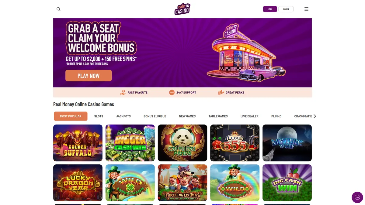 Café Casino crypto casino platform showing Bitcoin deposit options and games