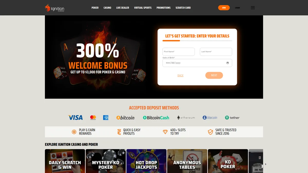 Ignition Casino crypto casino platform showing Bitcoin deposit options and games