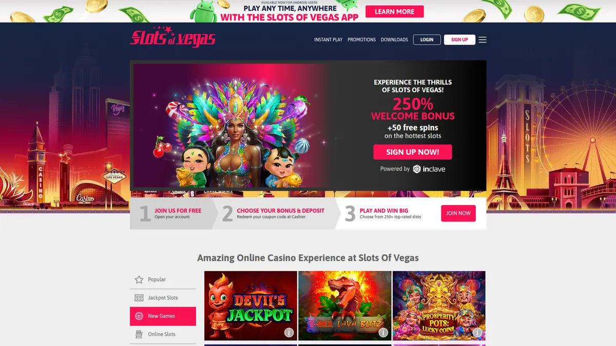 Slots of Vegas crypto casino platform showing Bitcoin deposit options and games