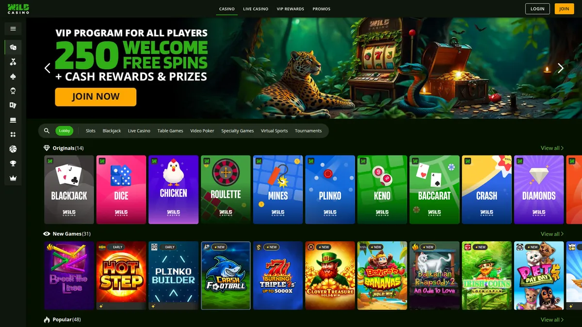 Wild Casino crypto casino platform showing Bitcoin deposit options and games